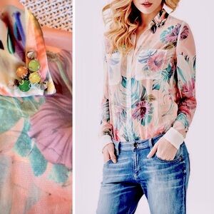 GUESS Clouis Sheer Pastel Floral Button Down Shirt w Embellished Collar